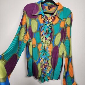 Y2K Vintage Milano Womens 1X Funky Ruffled Stretchy Long Sleeve Button Blouse